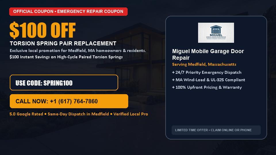 Miguel Mobile Garage Door Repair $100 OFF Dual Torsion Spring Replacement in Medfield, MA